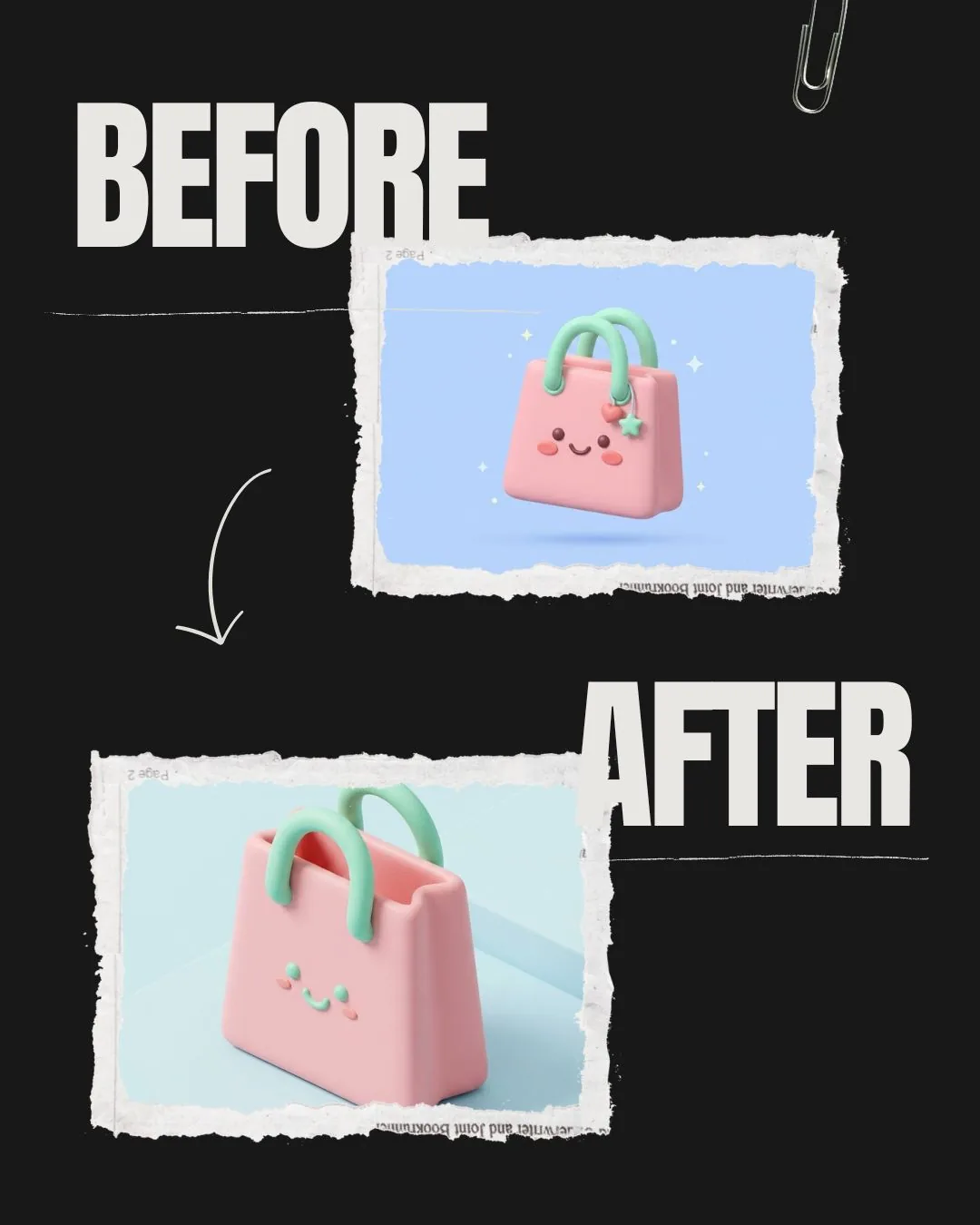 Before and after comparison of 3D claymorphism shopping bag logo showing prompt impact on output quality
